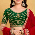 Red Georgette Saree with Green Embroidered Velvet Blouse