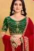 Red Georgette Saree with Green Embroidered Velvet Blouse