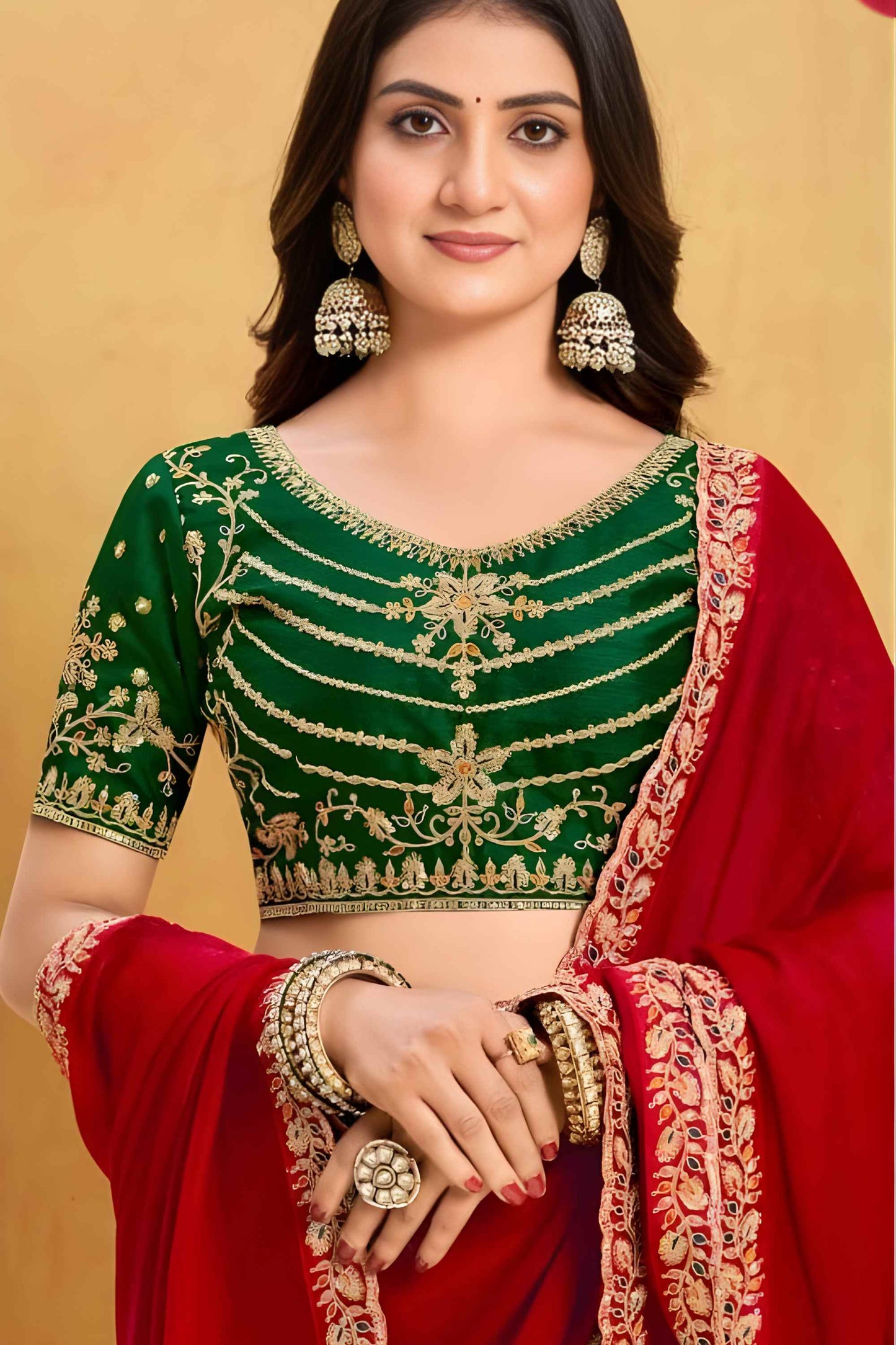 Red Georgette Saree with Green Embroidered Velvet Blouse