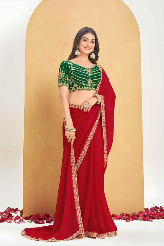 Red Georgette Saree with Green Embroidered Velvet Blouse 