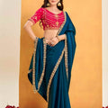 Teal Blue Georgette Saree with Red Embroidered Blouse 