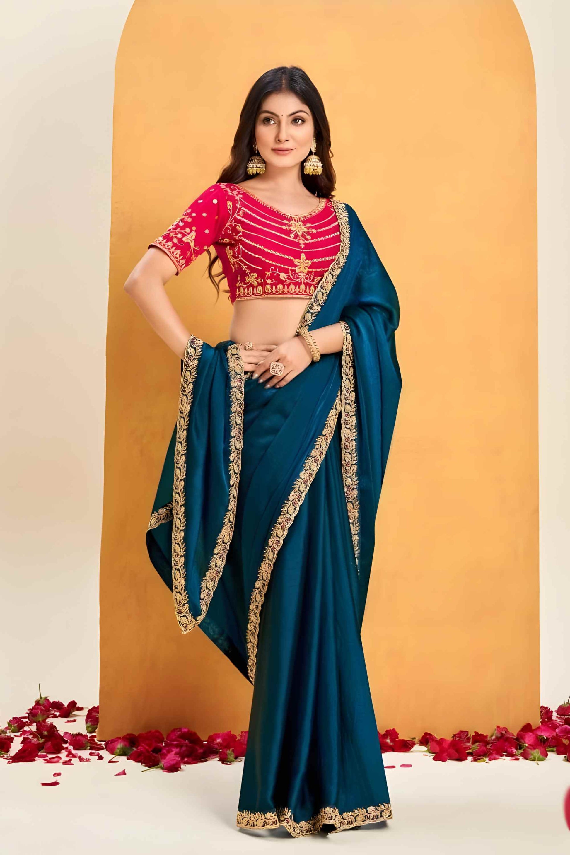 Teal Blue Georgette Saree with Red Embroidered Blouse 