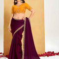 Wine Purple Georgette Saree Designer Border Mustard Embroidered Blouse 