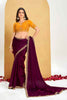 Wine Purple Georgette Saree Designer Border Mustard Embroidered Blouse 
