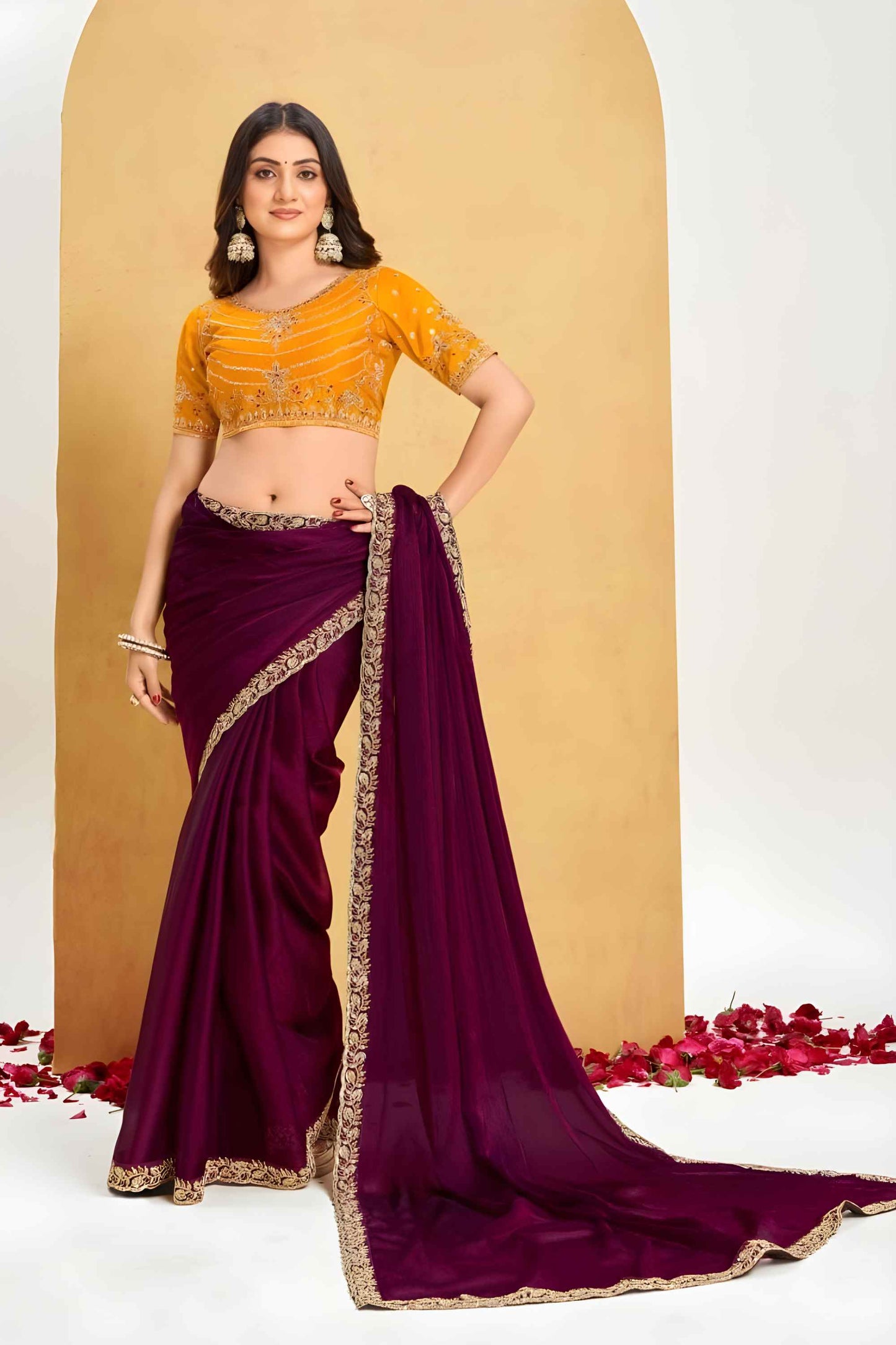 Wine Purple Georgette Saree Designer Border Mustard Embroidered Blouse 