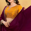 Wine Purple Georgette Saree Designer Border Mustard Embroidered Blouse