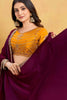 Wine Purple Georgette Saree Designer Border Mustard Embroidered Blouse