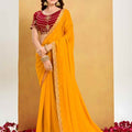 Mustard Yellow Georgette Saree Designer Border Maroon Embroidered Blouse 