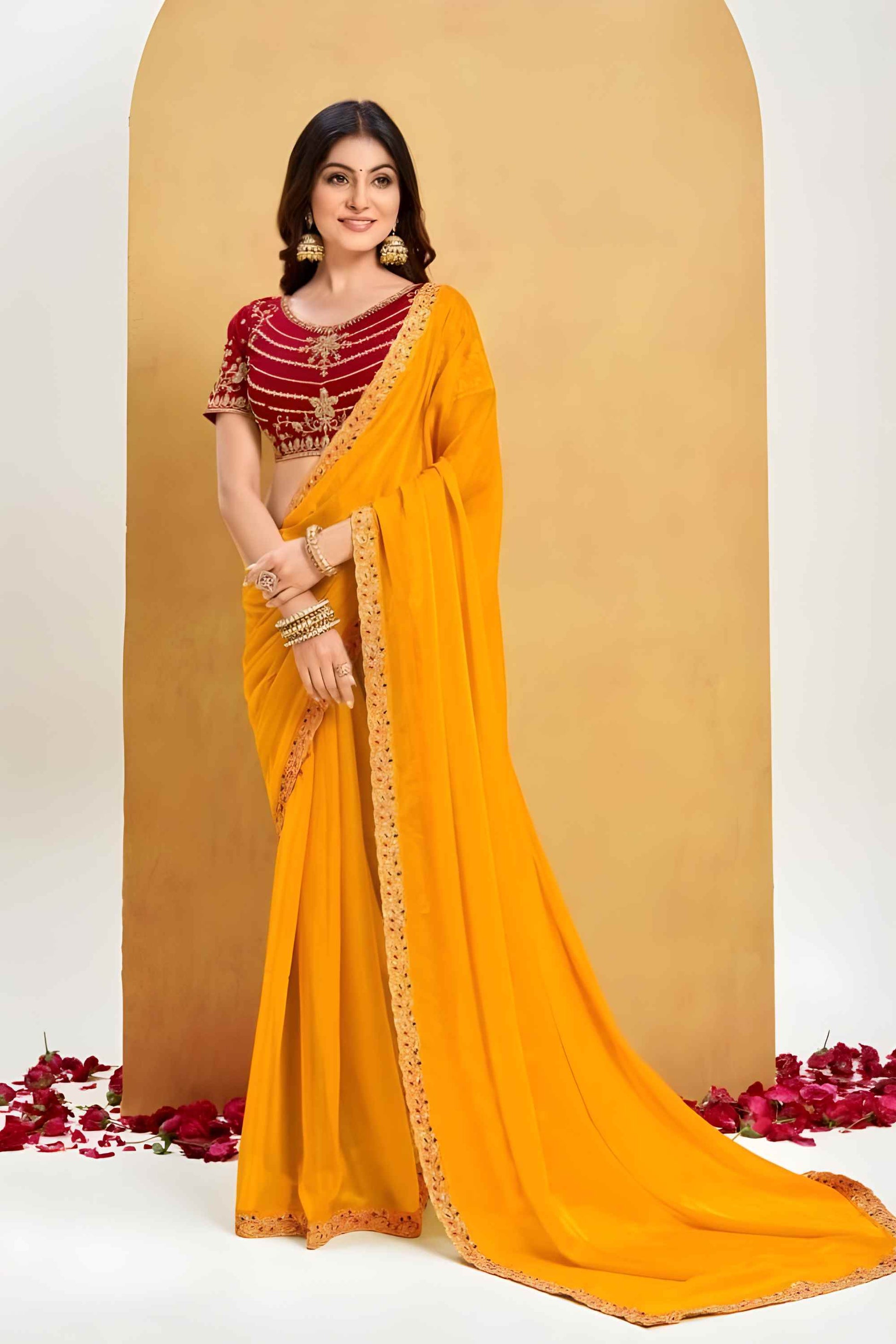 Mustard Yellow Georgette Saree Designer Border Maroon Embroidered Blouse 