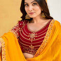 Mustard Yellow Georgette Saree Designer Border Maroon Embroidered Blouse
