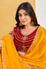 Mustard Yellow Georgette Saree Designer Border Maroon Embroidered Blouse