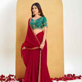 Wine Red Georgette Saree Designer Lace Border Green Embroidered Blouse 