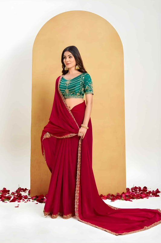 Wine Red Georgette Saree Designer Lace Border Green Embroidered Blouse 
