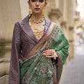 Green Banarasi Silk Saree Zari Border and Purple Designer Blouse
