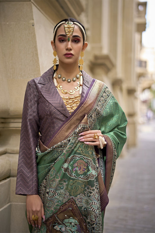 Green Banarasi Silk Saree Zari Border and Purple Designer Blouse