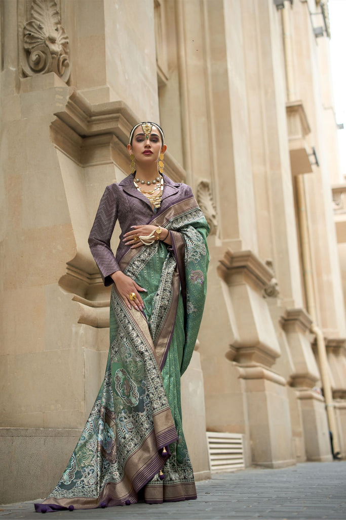  Green Banarasi Silk Saree Zari Border and Purple Designer Blouse 