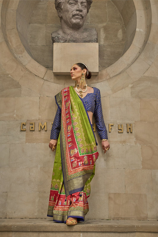 Traditional Green Banarasi Silk Saree with Red Pallu  Blue Blouse