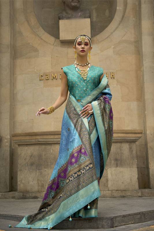 Designer Blue Banarasi Silk Saree with Purple Pallu Teal Blouse