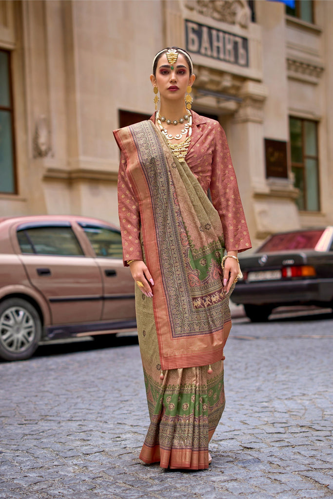 Olive Green and Copper Banarasi Silk Saree and Contrast Blouse