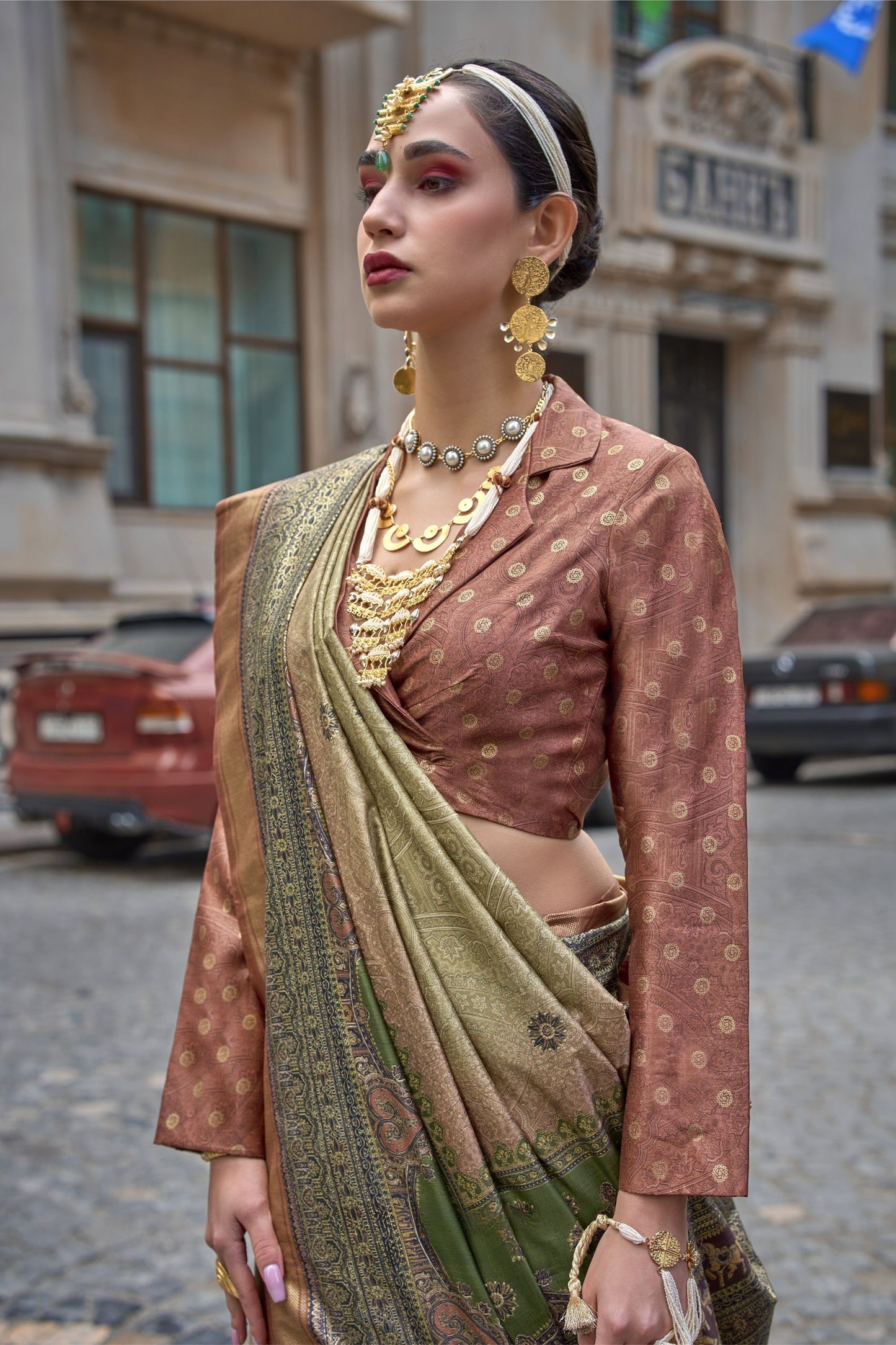 Olive Green and Copper Banarasi Silk Saree and Contrast Blouse