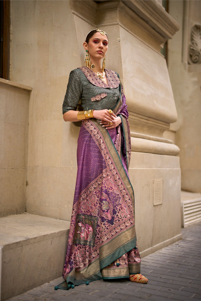 Designer Purple Banarasi Silk Saree with Green Blouse Festive Occasions