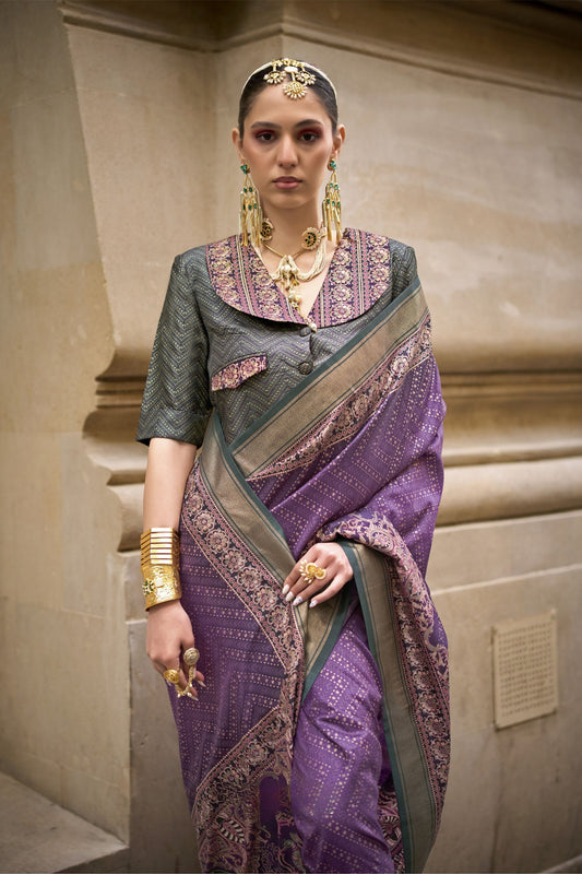 Designer Purple Banarasi Silk Saree with Green Blouse Festive Occasions