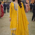 Elegant Mustard Yellow Chinon Silk Embroidered Palazzo Suit with Dupatta