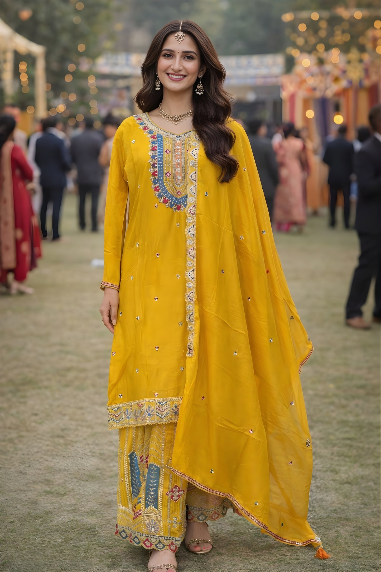 Elegant Mustard Yellow Chinon Silk Embroidered Palazzo Suit with Dupatta