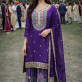 Stunning Purple Chinon Silk Embroidered Palazzo Suit with Dupatta