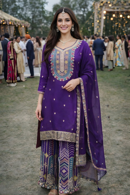 Stunning Purple Chinon Silk Embroidered Palazzo Suit with Dupatta