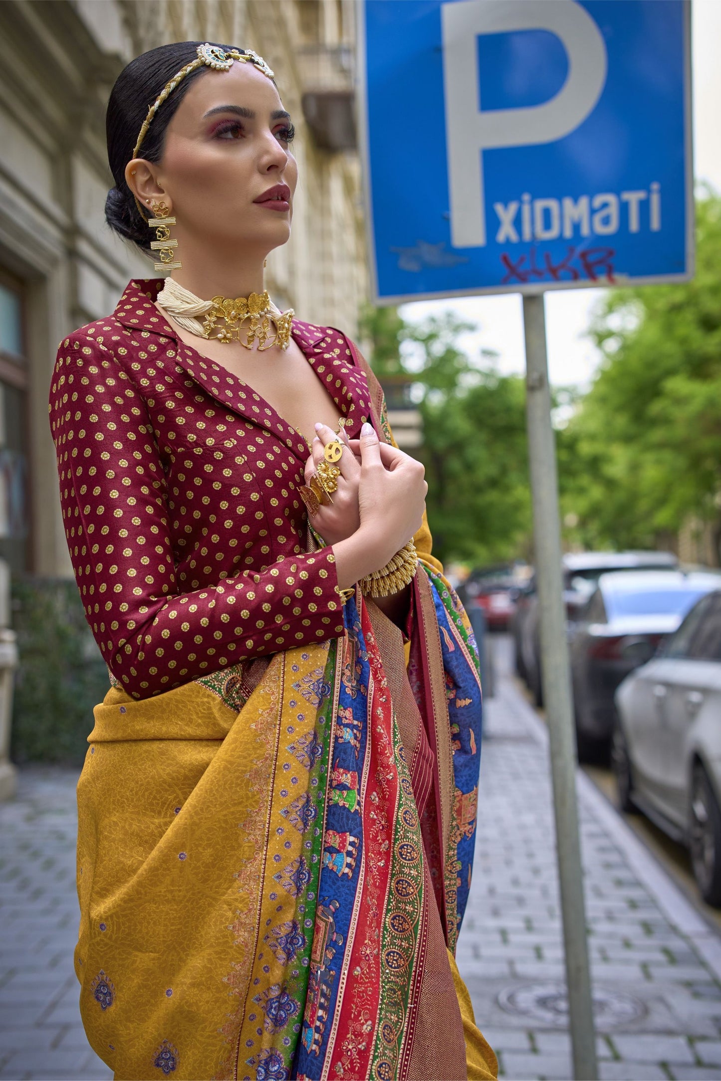 Designer Mustard Yellow Pochampally Silk Saree with Maroon Blouse