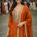 Delicate Rust Orange Chinon Silk Embroidered Palazzo Suit with Dupatta