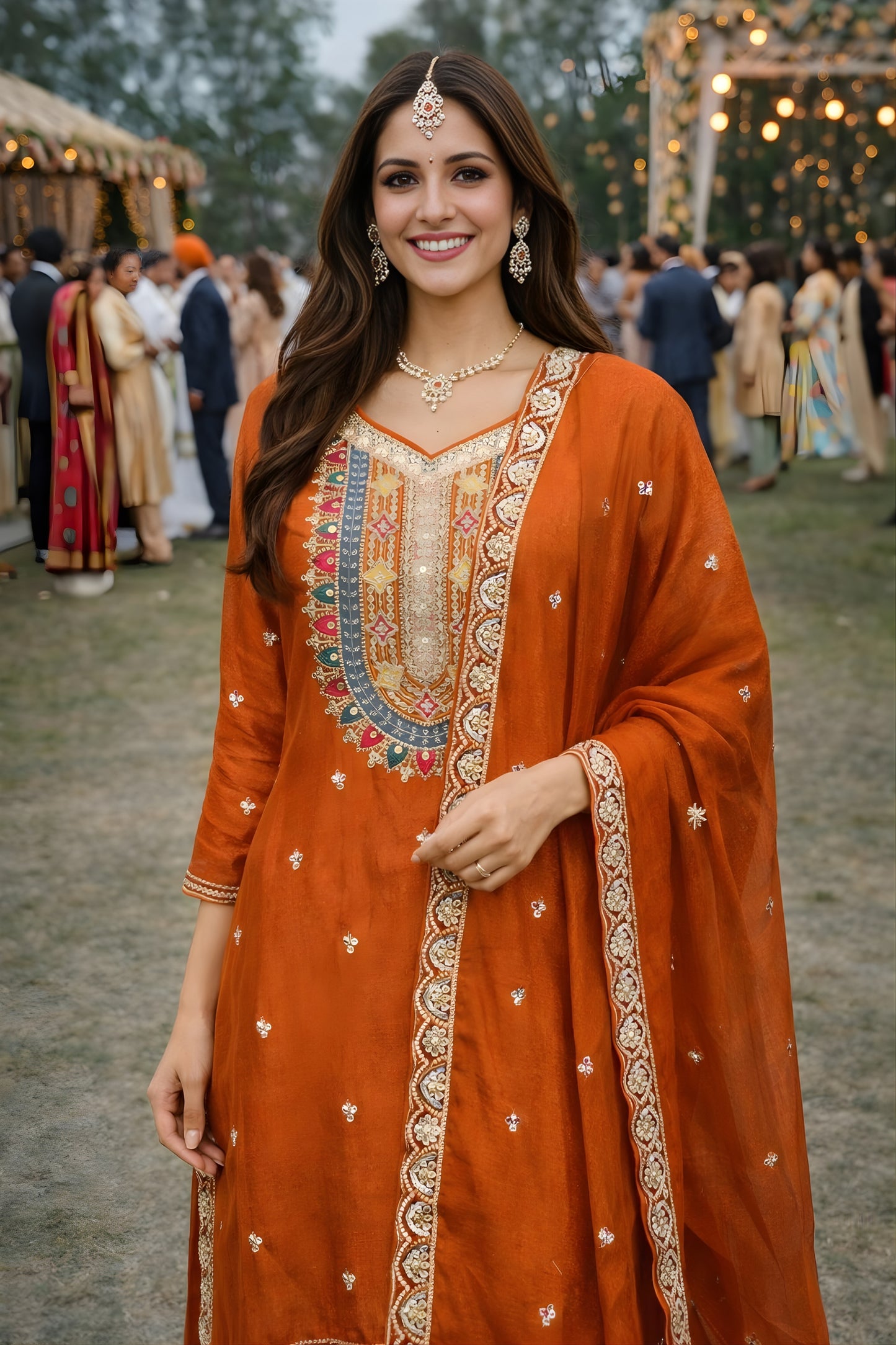 Delicate Rust Orange Chinon Silk Embroidered Palazzo Suit with Dupatta