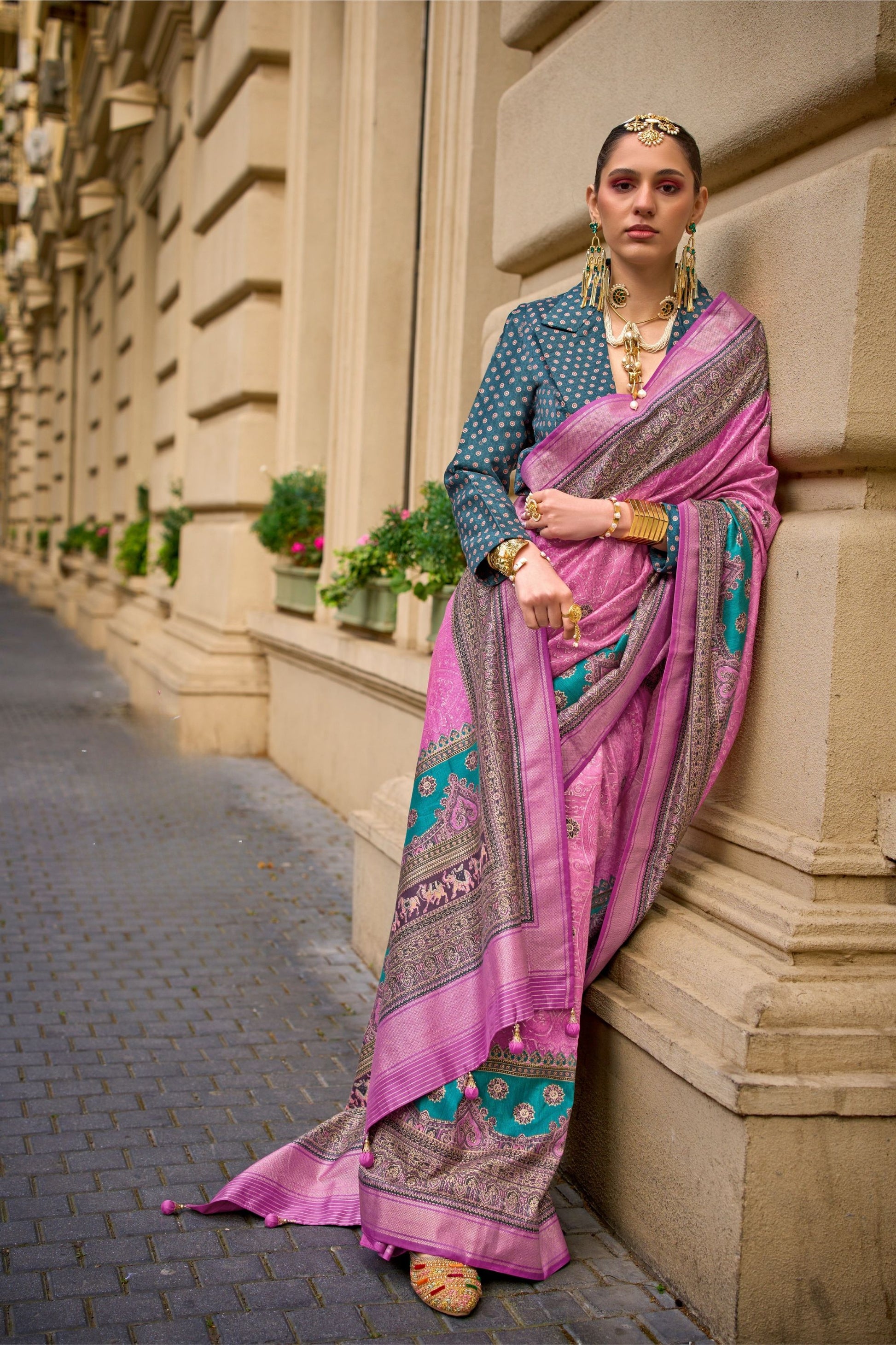 Traditional Pink Teal Banarasi Silk Saree and Rich Pallu