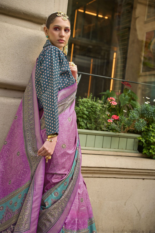 Traditional Pink Teal Banarasi Silk Saree and Rich Pallu