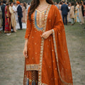 Delicate Rust Orange Chinon Silk Embroidered Palazzo Suit with Dupatta