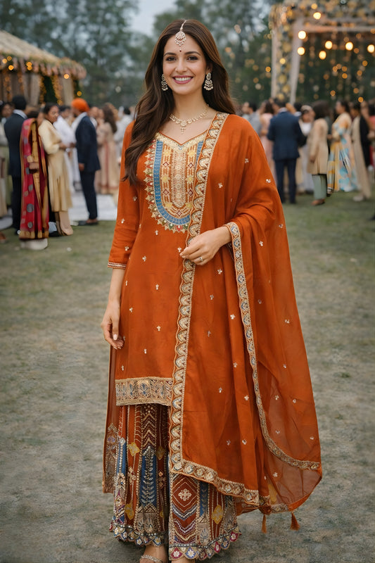 Delicate Rust Orange Chinon Silk Embroidered Palazzo Suit with Dupatta