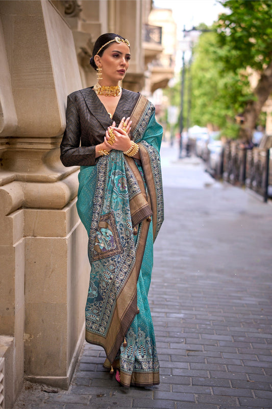 Teal Blue Banarasi Silk Saree with Antique Rich Pallu 