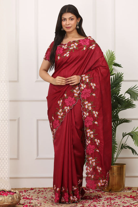 Red Silk Saree with Floral Embroidery Border Designer Blouse