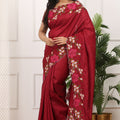 Red Silk Saree with Floral Embroidery Border Designer Blouse