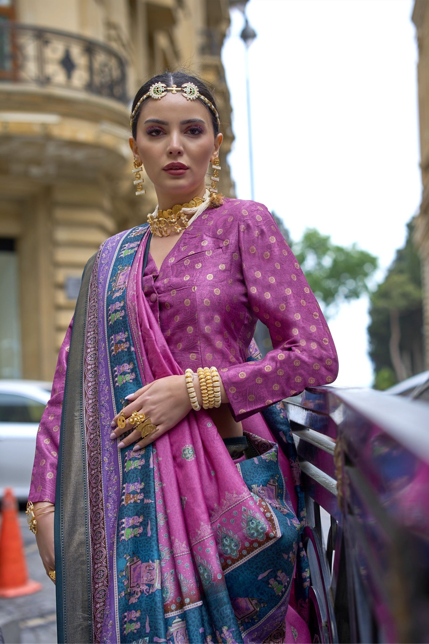 Pink Banarasi Silk Saree with Royal Blue Pallu Festive Wear