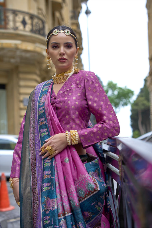 Pink Banarasi Silk Saree with Royal Blue Pallu Festive Wear