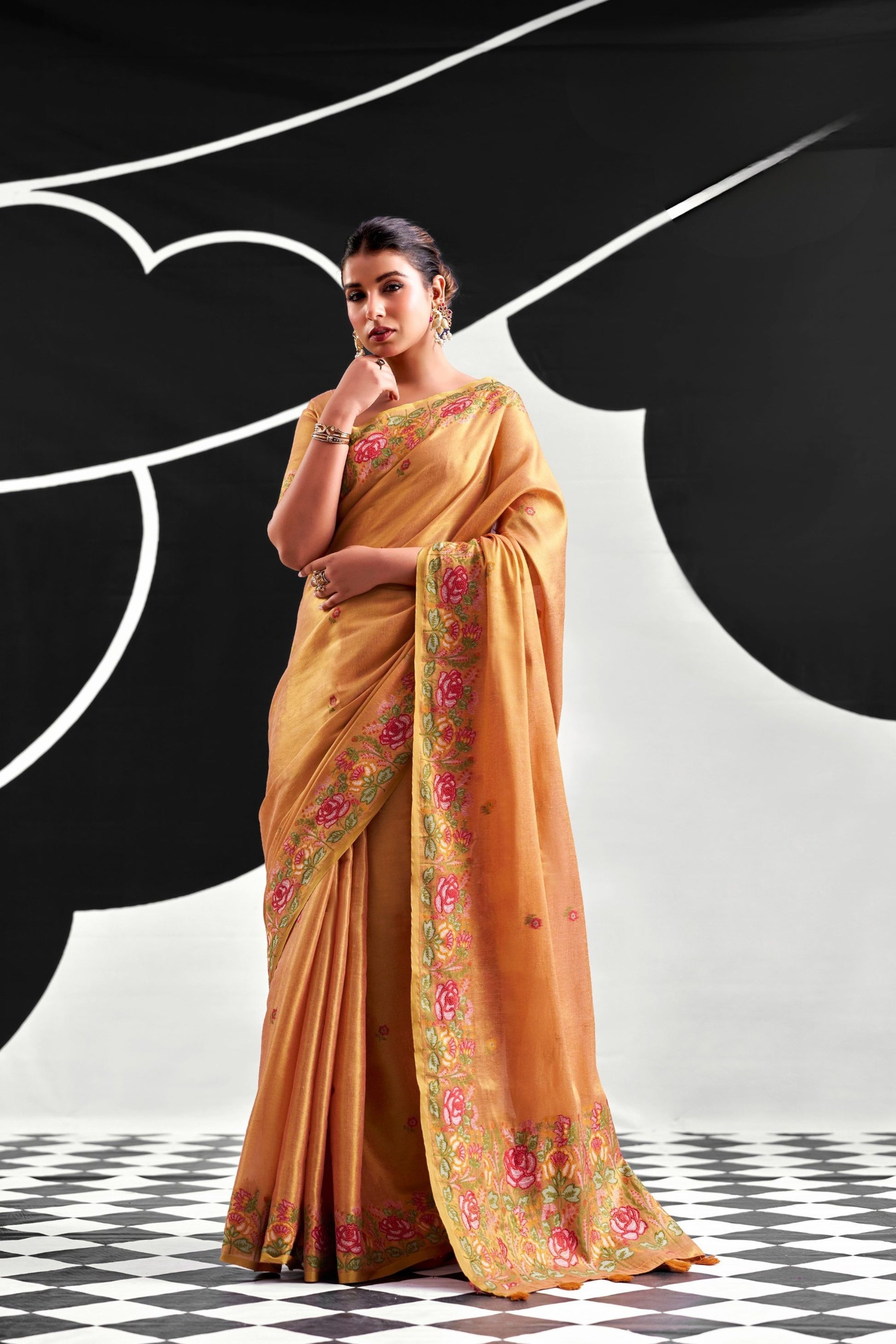 Beautiful Orange Viscose Saree Embroidery Border for Women