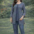 Elegant Grey Embroidered Georgette Casual Wear Kurti Pant Set with Jacket