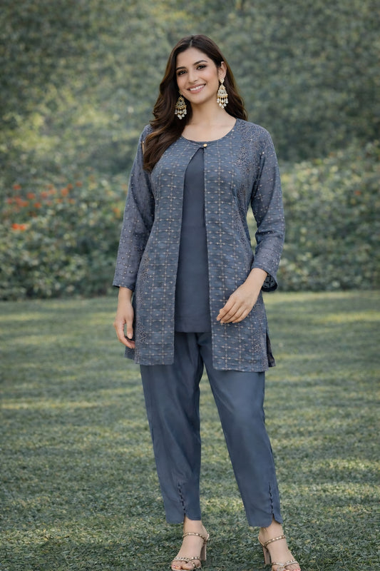 Elegant Grey Embroidered Georgette Casual Wear Kurti Pant Set with Jacket