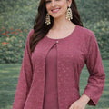 Luxurious Wine Embroidered Georgette Casual Wear Kurti Pant Set with Jacket