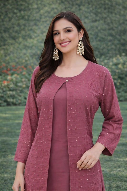 Luxurious Wine Embroidered Georgette Casual Wear Kurti Pant Set with Jacket
