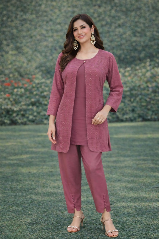 Luxurious Wine Embroidered Georgette Casual Wear Kurti Pant Set with Jacket
