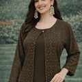 Graceful Dark Olive Green Embroidered Georgette Kurti Pant Set with Jacket