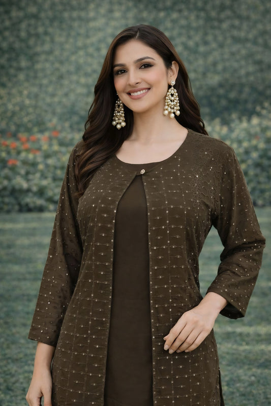 Graceful Dark Olive Green Embroidered Georgette Kurti Pant Set with Jacket